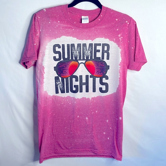 Graphic tee handmade gildan softstyle pink bleached tee summer nights design - Picture 1 of 4